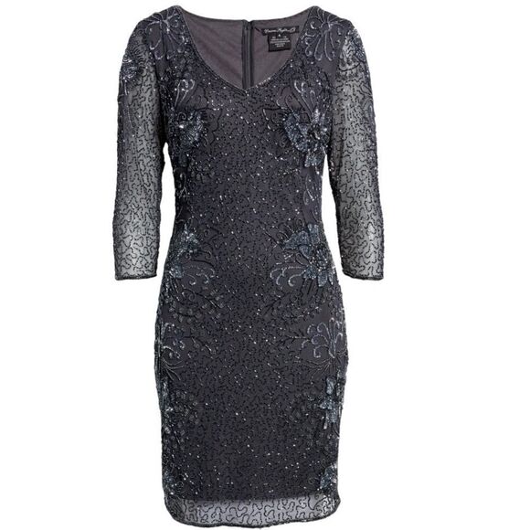 PISARRO Nights Beaded V-Neck Cocktail Dress in Size 4,Slate Charcoal Grey NWT - Picture 11 of 17